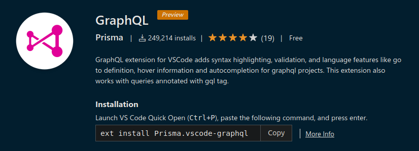 A screenshot showing more than 249,000 installs for the vscode-graphql extension